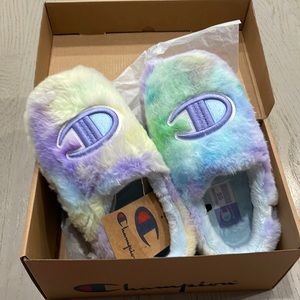 champion university slippers，girls' grade school，light blue/purple/whit